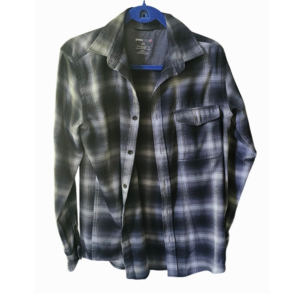 Swiss Tech Mens Flannel Shirt‎ Size S Rich Black Plaid Long Sleeve Casual